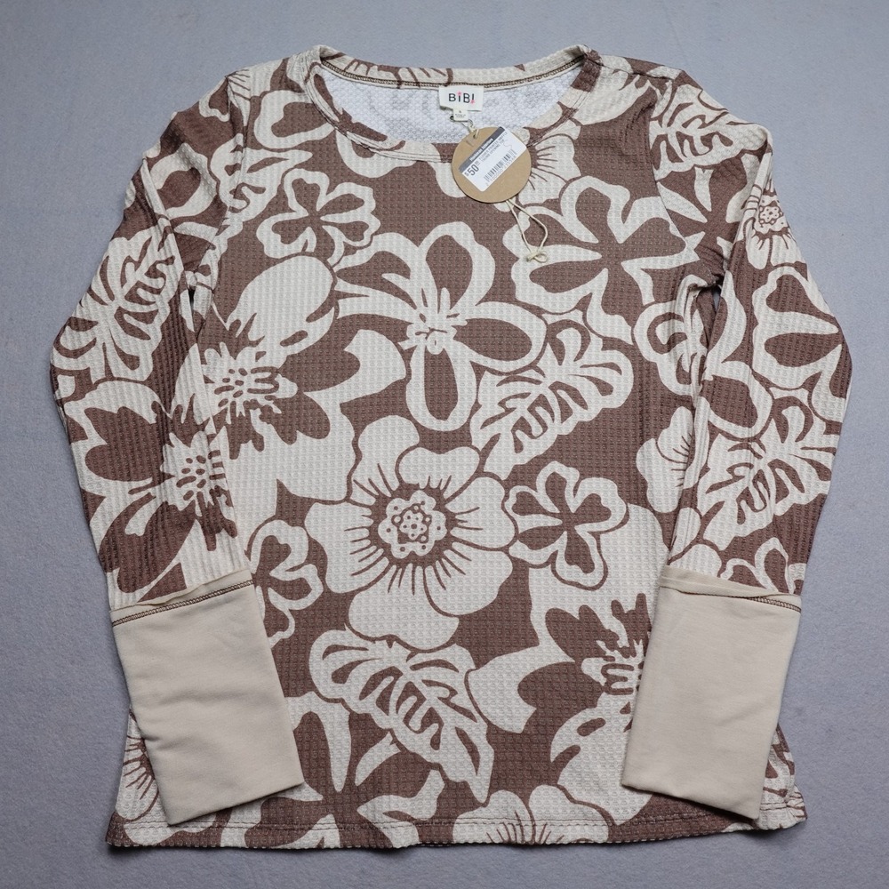 BIBI Tunic Top Womens S Brown Floral Waffle Thumb Opening Long Sleeve Casual